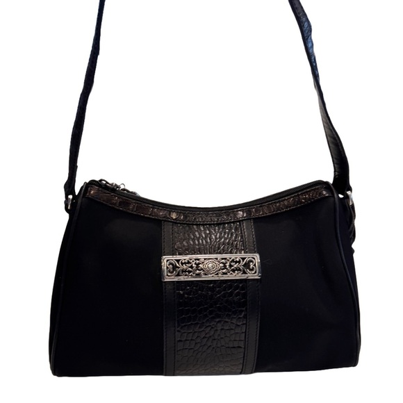 Brighton black purse shoulder bag nylon & croc embossed Leather silver detail - Picture 1 of 14